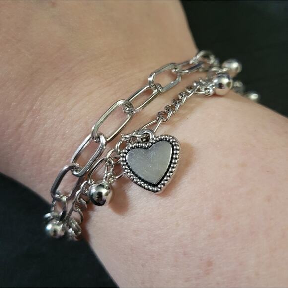Silver Tone Layered Chain Bracelet With Heart Charms - Picture 1 of 2
